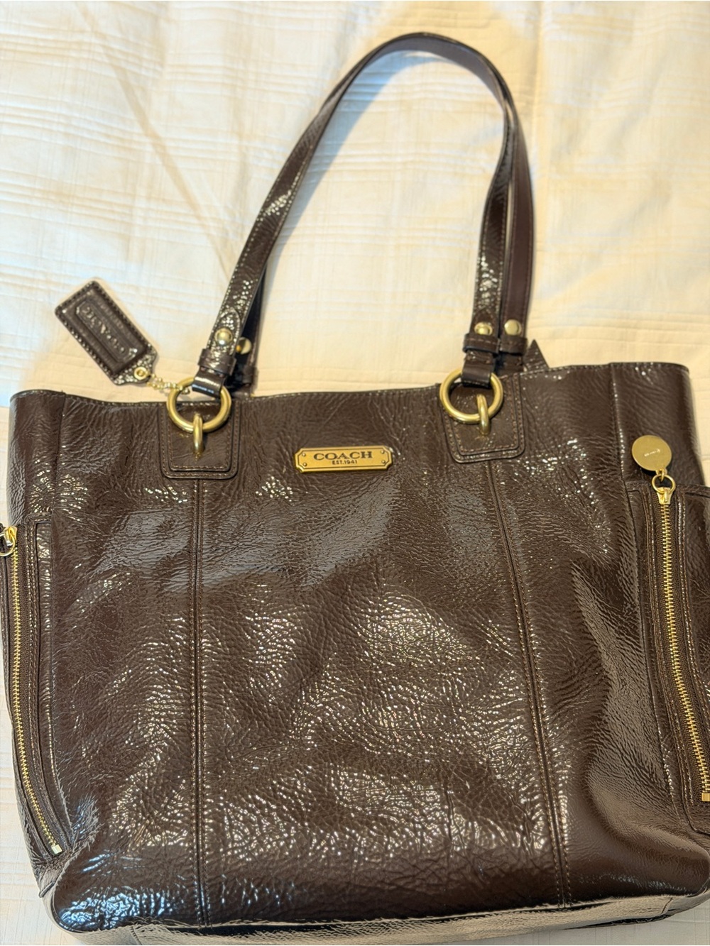 Coach Chocolate Brown Patent Leather Tote with Gold Hardware